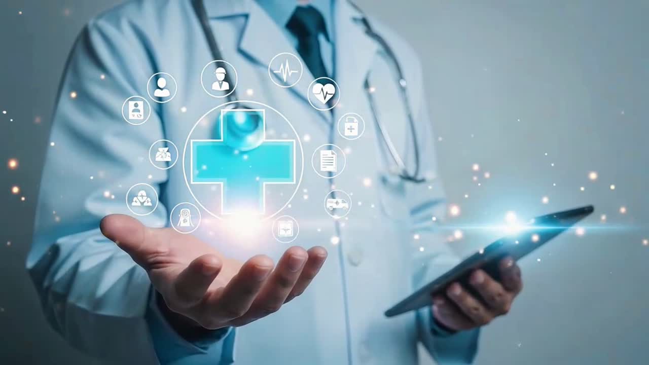 Doctor Presenting a Digital Healthcare Solution with a Glowing Medical Cross Icon