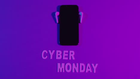 composition of earphones and smartphone with cyber monday text on purple background