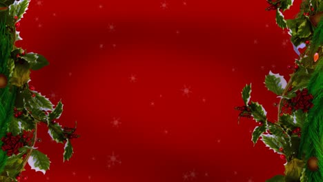 decoración de corona de navidad y iconos de copos de nieve cayendo contra un fondo rojo