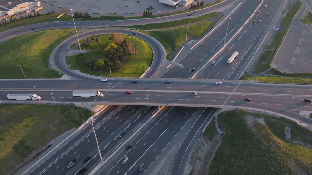 Highway 401 in mississauga, canada with traffic flowing in slow motion, aerial view