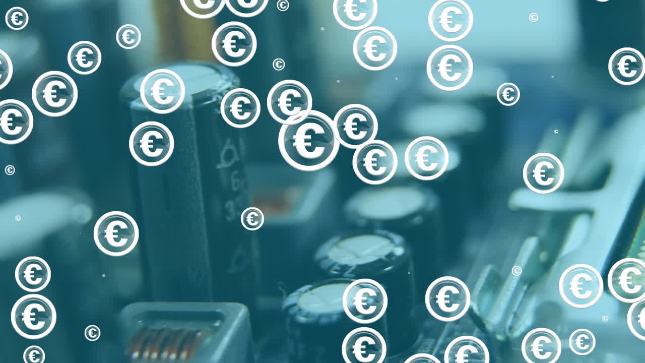 Animation of euro symbol icons over computer circuit board