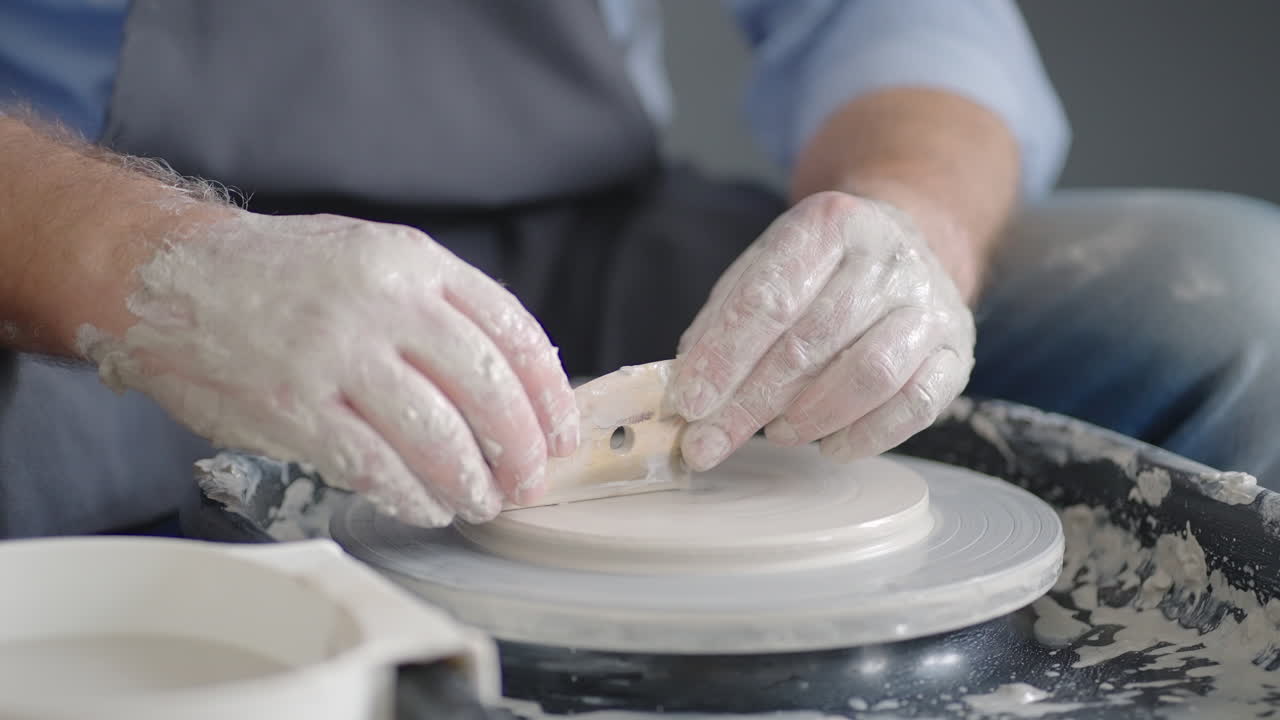 Close-up of the hand of a master working on a potter's wheel for the manufacture of clay and ceramic jugs and plates in slow motion