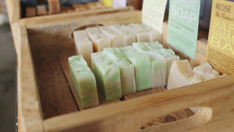 close up of soap display in sustainable plastic free grocery store