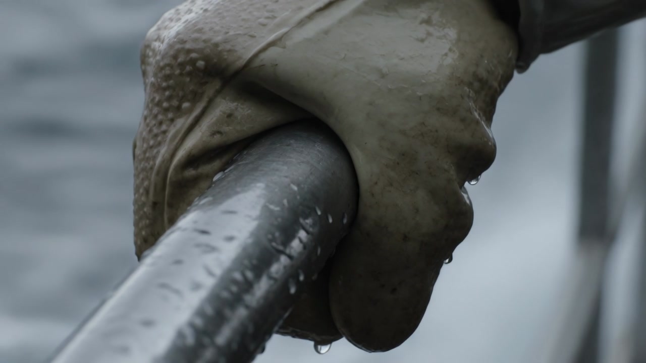 Sea spray hitting single waterproof gloved hand gripping metal rail on vessel deck, steadying body