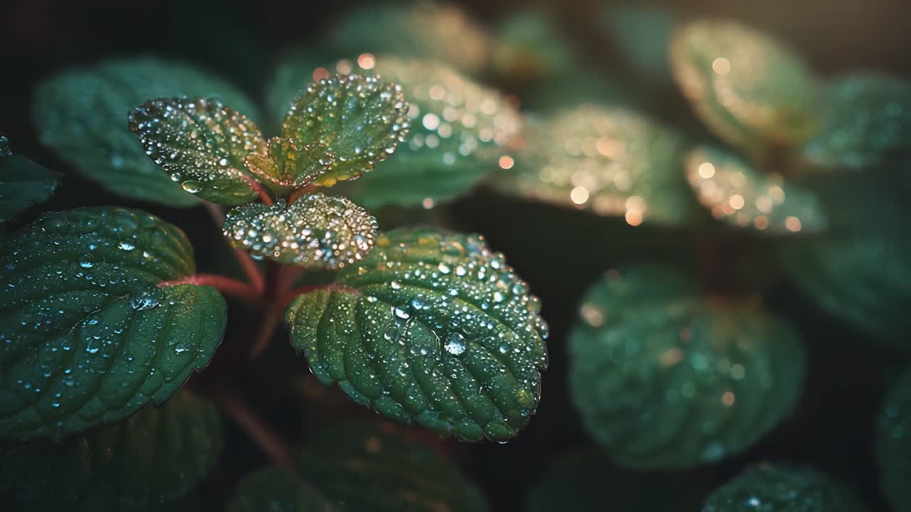 A Close-Up View of Dewy Mint Leaves Glimmering in Soft Light, Capturing Nature's Beauty and the Refreshing Essence of Morning Dew