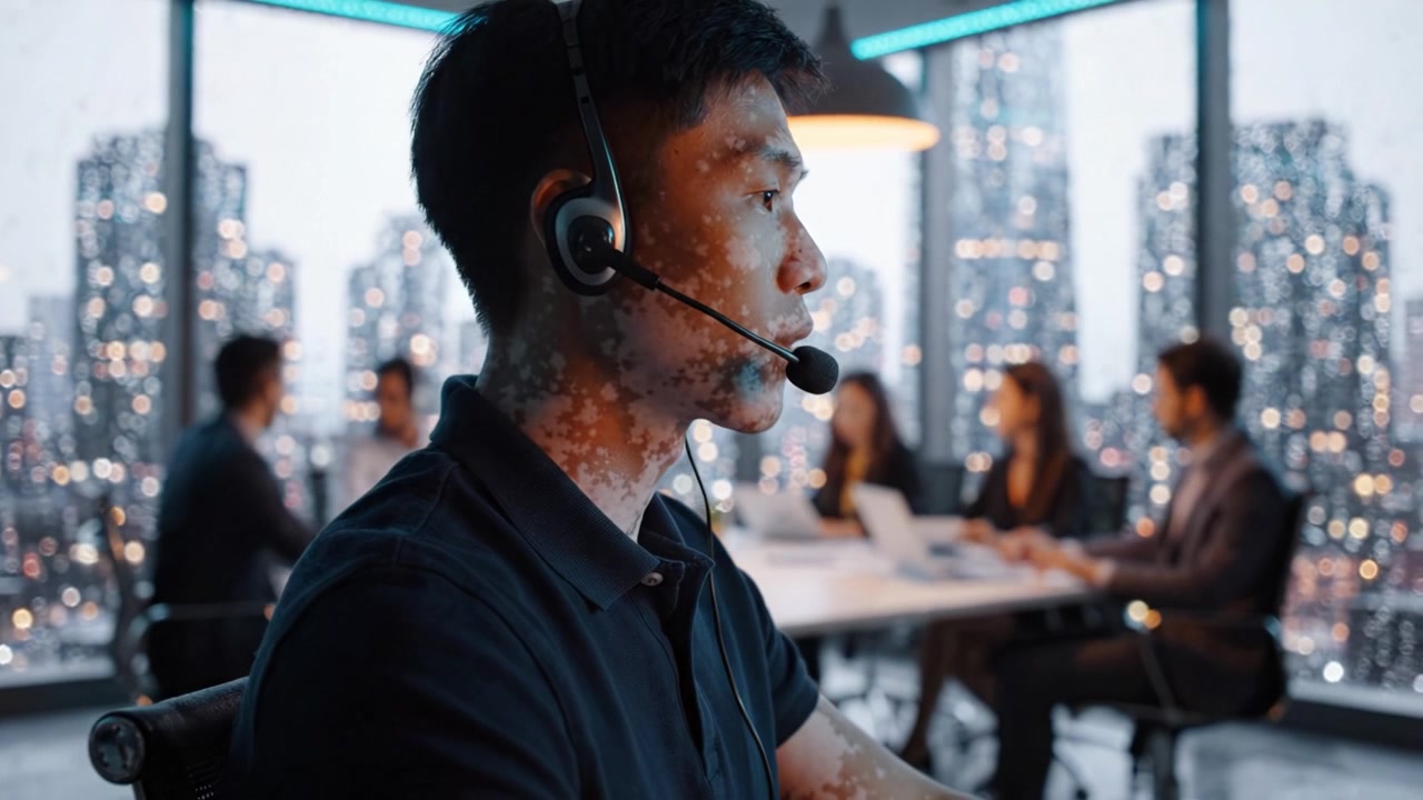 Focused Male Professional in Headset Working in Modern Office Amidst Rainy Window View, Engaging with Team in Background for Effective Communication and Collaboration