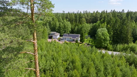 aerial view of a solar powered house in middle of summer greenery, sunny day
