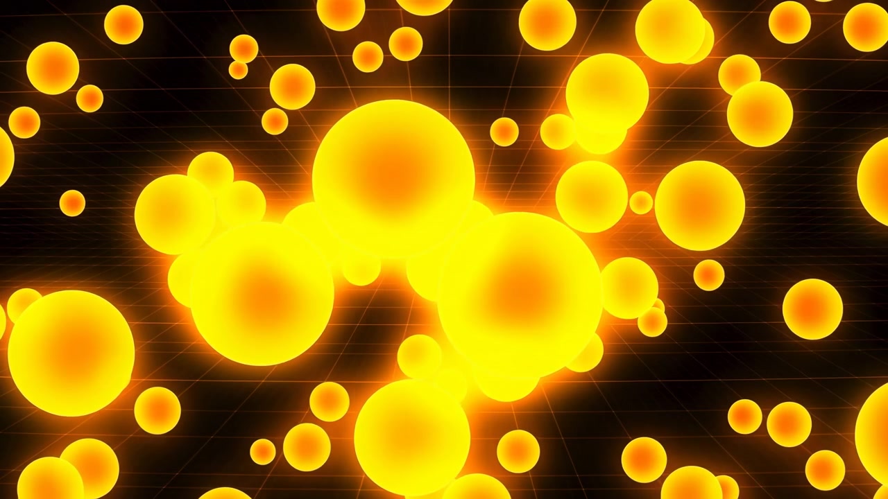 Sfere dorate luminose fluttuano su sfondo nero, particelle bokeh pulsano con un caldo e morbido bagliore