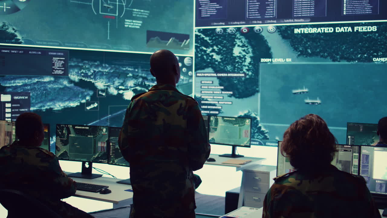 Commander and his crew operating radar systems via CCTV and satellite