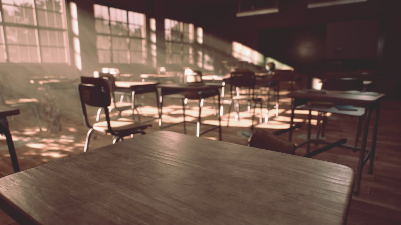 테이블과 작은 블랙보드와  ⁇ 은 벽을 가진 교실을 보십시오.