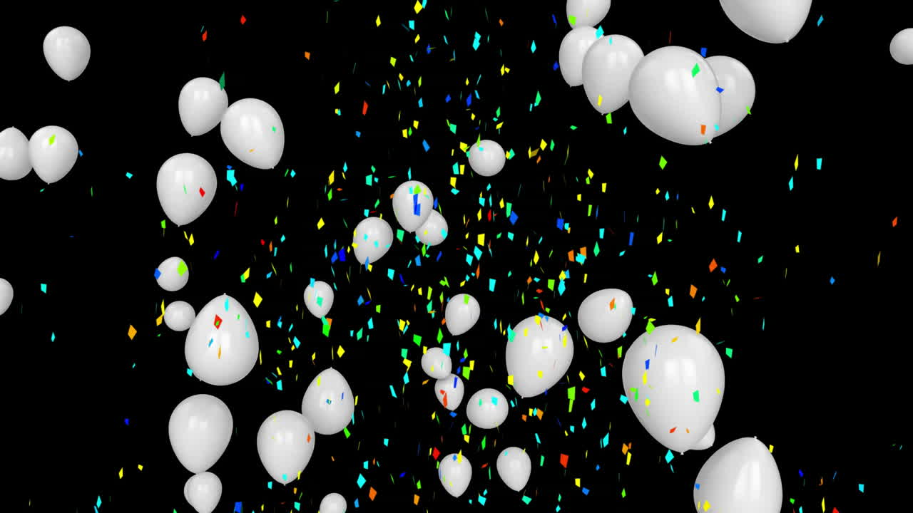 풍선과 다채로운 콘페티 애니메이션이 떨어지고, 검은 바탕에서 축하합니다.