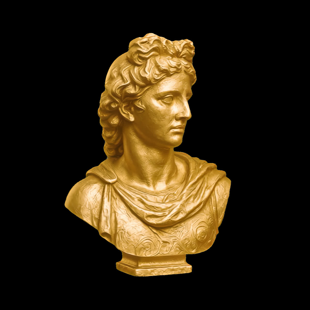 Golden classical sculpture bust animation isolated asset, transparent 4K video, alpha channel