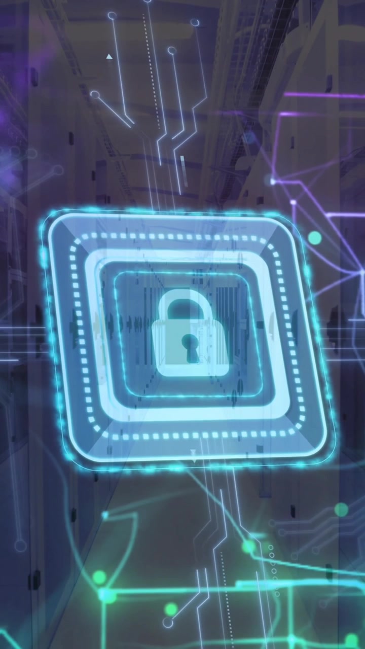 Animation of cyber security padlock and data processing over computer servers