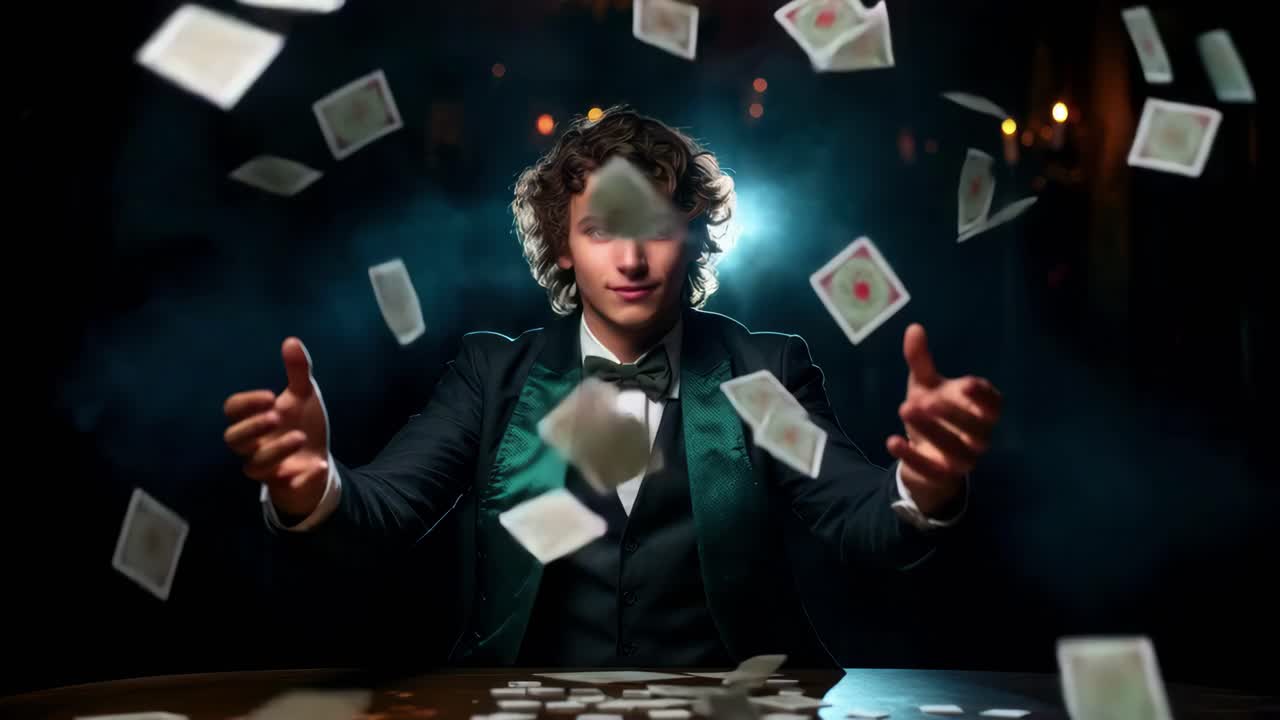 A magician in a tuxedo throws cards mid-air. Captured from a frontal angle, the dramatic lighting
