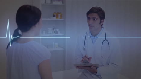 Animation-of-cardiogram-over-diverse-doctor-and-patient-background