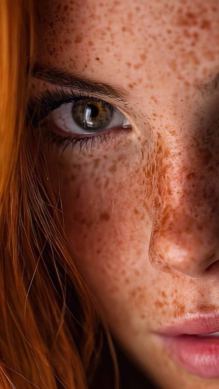 Primo piano accattivante di una rossa con lentiggini marcate, che evidenzia dettagli intricati nella texture della pelle e nell'espressione degli occhi, enfatizzando la bellezza naturale e il calore.
