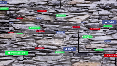 animación de iconos de redes sociales y texto sobre fondo de piedra
