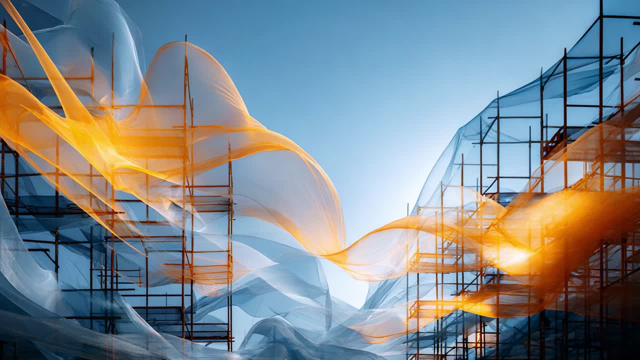 A Vibrant Dance of Light and Color Through Transparent Fabric Over Contemporary Construction, Creating a Dreamlike Scene of Transformation and Innovation in Urban Environments