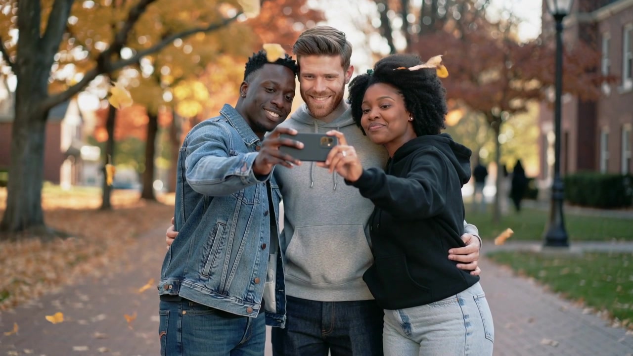 Amigo de la izquierda con ropa vaquera extendiendo el teléfono, amigos ajustándose para tomar una selfie en el campus mientras caen las hojas