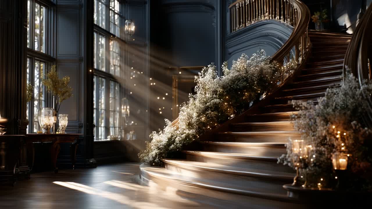 An Elegant Starlit Staircase Adorned with Lush Florals and Soft Candlelight, Bathed in Gentle Sunbeams, Creating a Magical Atmosphere in a Grand Interior Setting