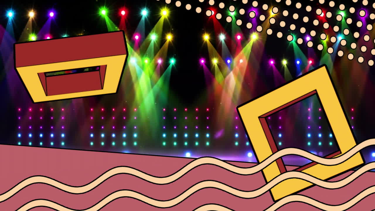 Animation of colorful stage lights illuminating abstract geometric shapes in school