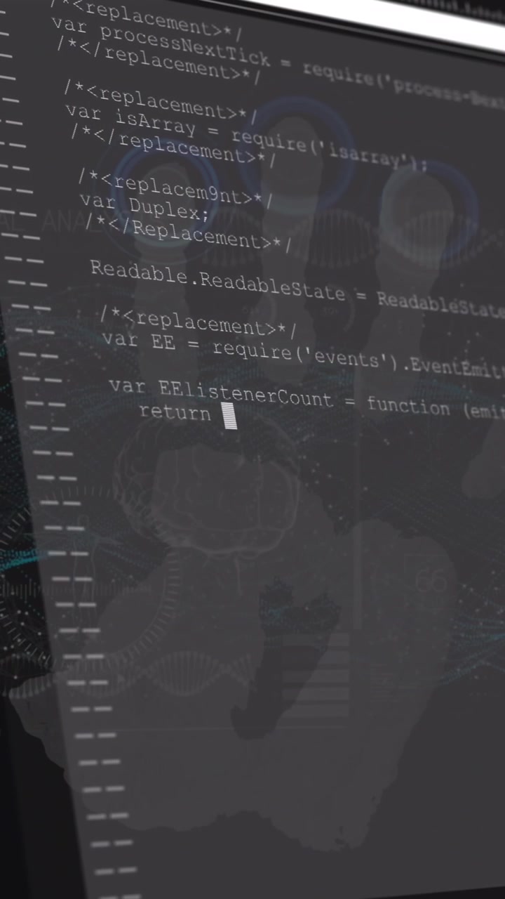 Animação de linguagem de computador, palma digital e pontos conectados formando hélice de DNA