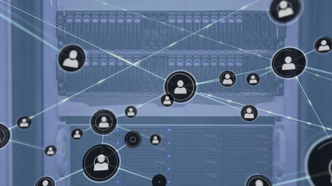 Animation of connected icons over back panel of data server racks in server room