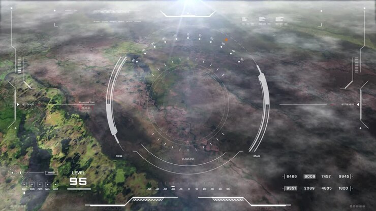 HUD aerial view science fiction landscape flying over mountain with UI scanning interface military weapon concept 4K motion.