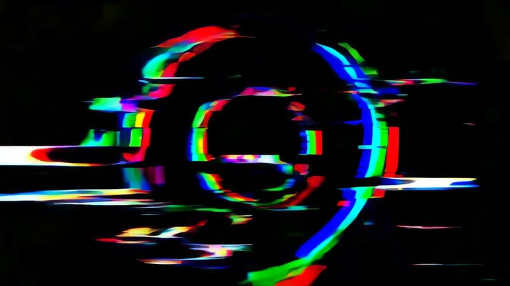 Arte digitale astratta con effetto glitch, colori neon vivaci e distorsione RGB