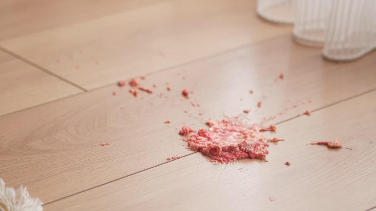 나무 바닥에 흘린 디저트