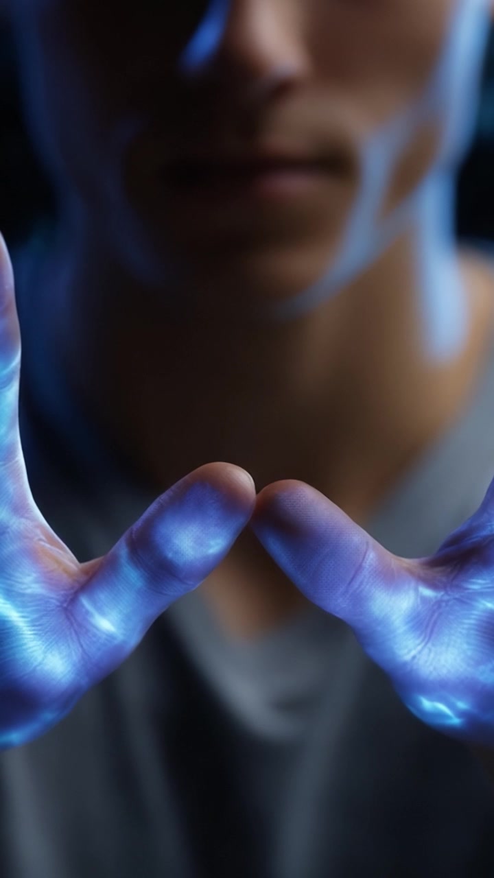 A captivating display of glowing energy emanating from a person's hands, showcasing the interplay between light and human connection in a mystical atmosphere.