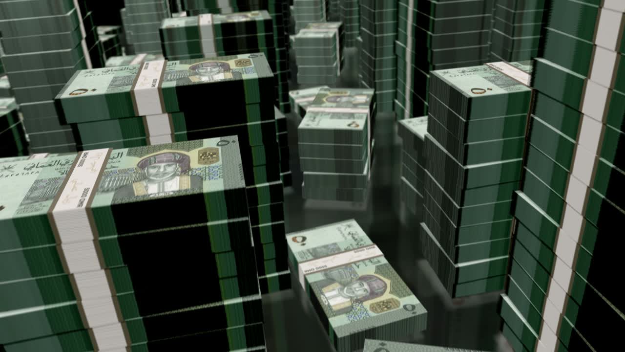 오만 리알을 날아다니는 3d 플라이트: 돈, 지폐, 루프 애니메이션