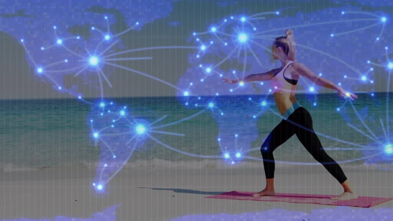 Animação de mapa-múndi e conexões sobre mulher caucasiana praticando yoga no mar.