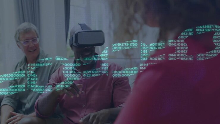 Facilitator handing VR headset to senior man, group watching, floating data streams simulating VR