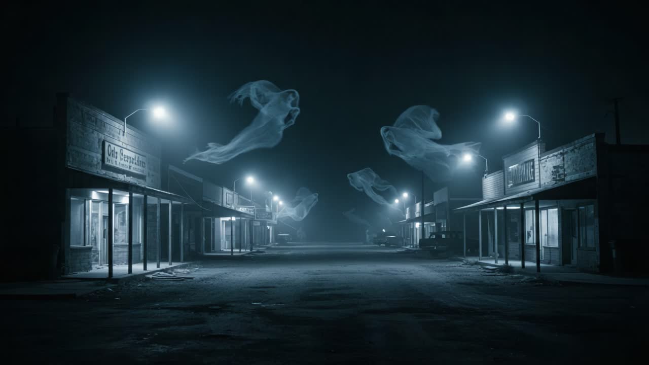 Eerie Nighttime Scene in an Abandoned Town with Ghostly Figures Floating Amidst Dim Streetlights and Silent Buildings, Evoking a Haunting Atmosphere of Mystery