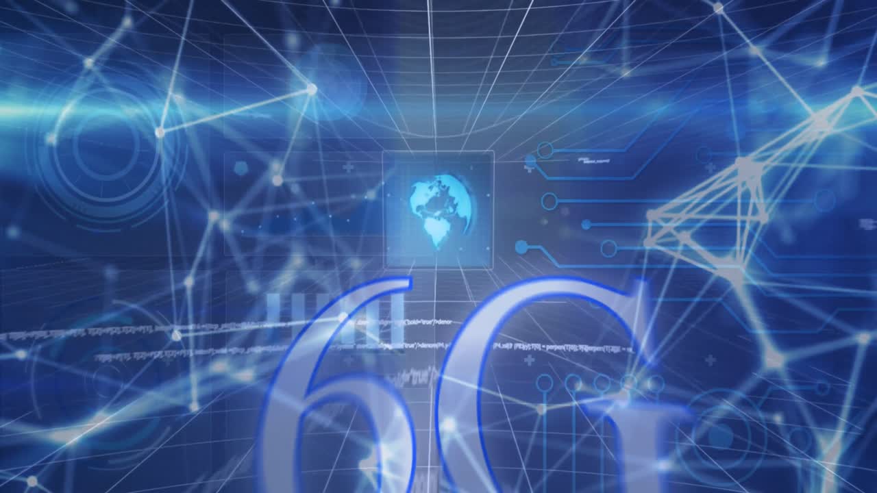 지구의 애니메이션, 그래프, 컴퓨터 언어, 라인으로 연결된 점 위의 로딩 서클