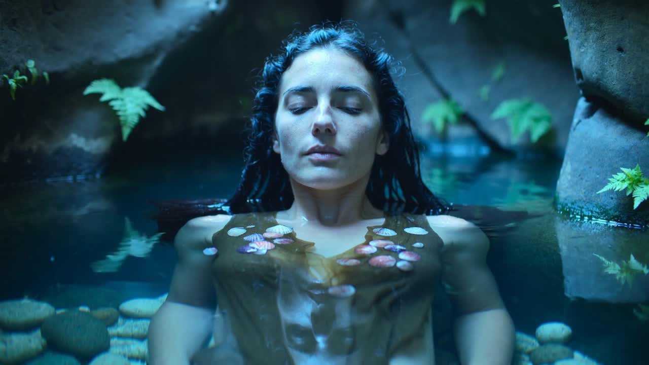 Donna che chiude gli occhi, iniziando una respirazione lenta, galleggiando in posizione verticale in una piscina di grotta con petali per la spa.