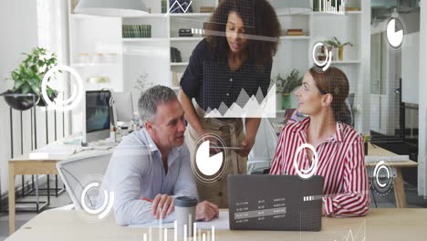 animated graphs and charts show data processing in a casual office setting.