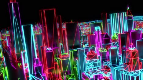 City-neon-glowing-New-York-NYC-flyover-wireframe-skyscraper-80s-4k