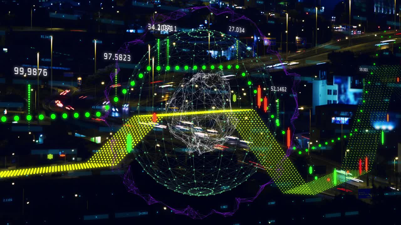 Animation of financial graphs over road traffic and night cityscape