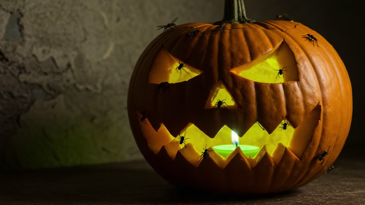 A Spooky Halloween Pumpkin Glowing Brightly with a Flickering Candle Inside, Surrounded by Insects and Cast in Eerie Shadows, Perfect for Festive Celebrations