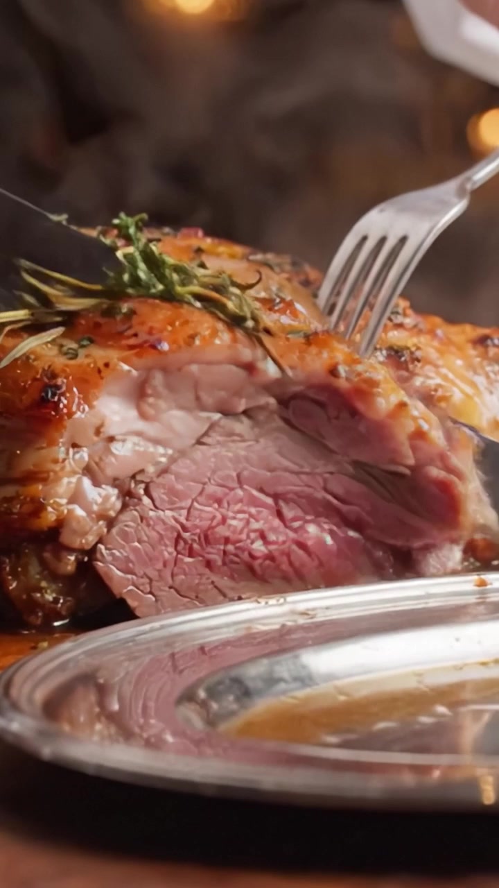 Assaporando la Succulenza: Un Pezzo di Carne Perfettamente Arrosto su un Piatto d'Argento, Lucente di Delizia Succosa e Guarnito con Erbe Fresche