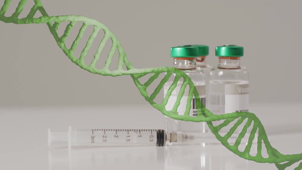 animación de la cadena de adn y procesamiento de datos sobre la vacunación