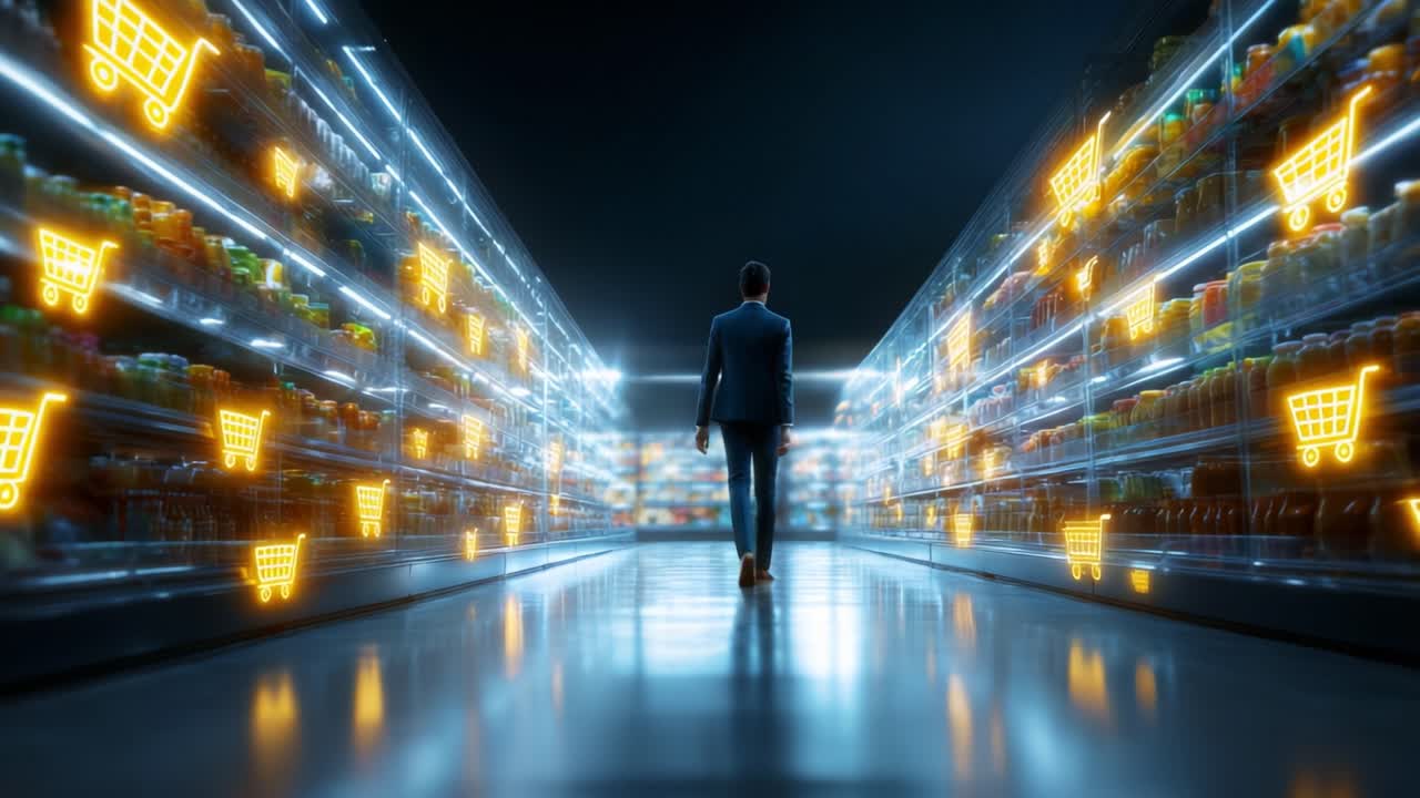 A Business Professional Walking Through a Modern Supermarket Aisle with Illuminated Shopping Carts, Highlighting the Fusion of Retail Technology and Consumer Experience