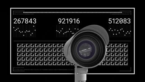 animación del procesamiento de datos digitales a través de una cámara de cctv sobre un fondo negro