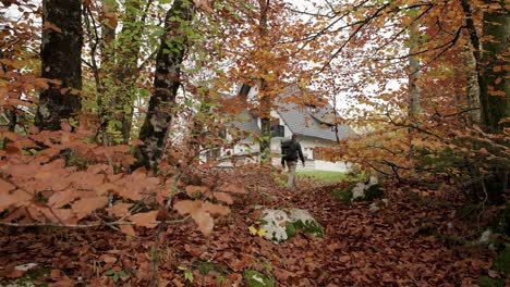 A-man-passes-from-left-of-the-camera-to-the-right-of-the-camera-walking-through-a-forest-with-a-house-in-the-background-that-is-in-the-fall-season