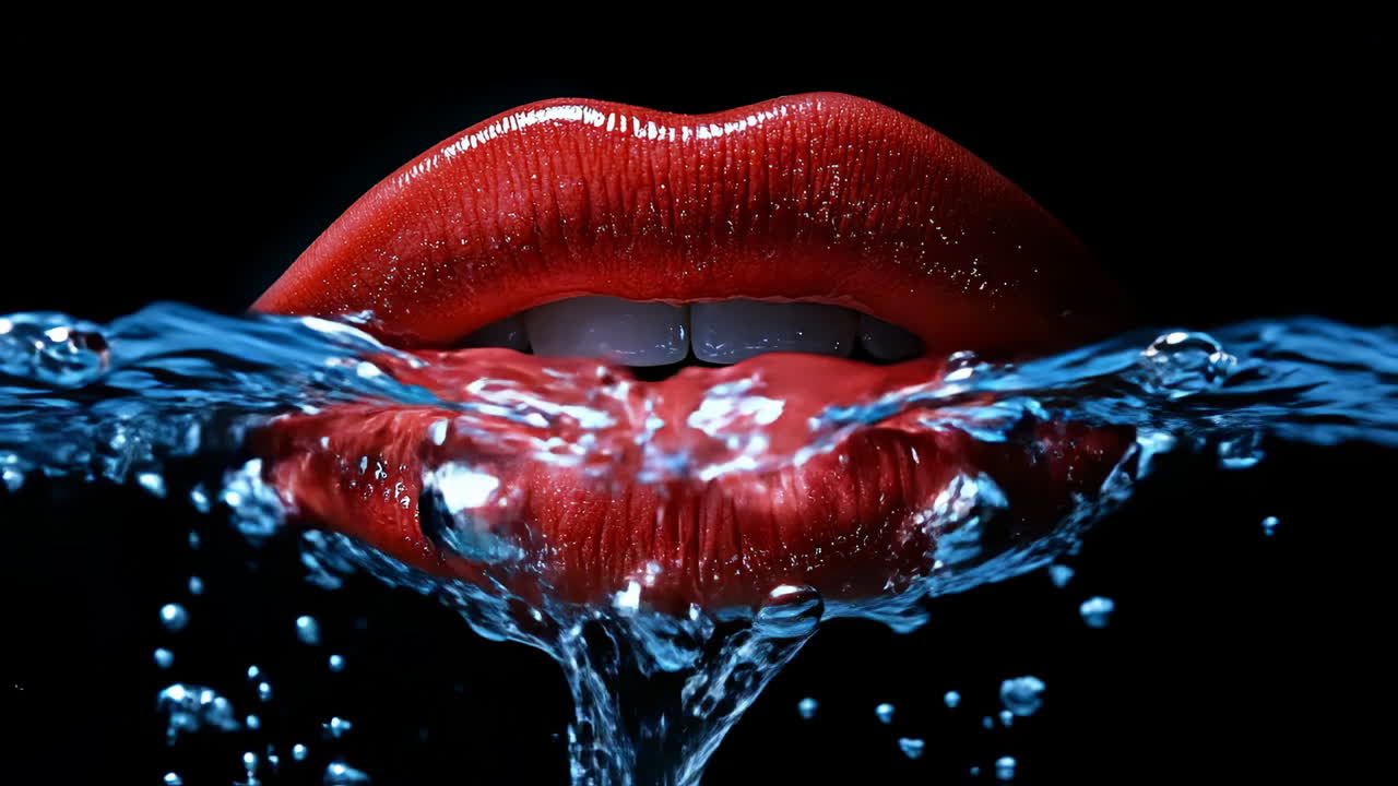 Red lips emerging from water surface. Bright red lips emerge from water, making bubbles and splashes, contrasting with the dark background