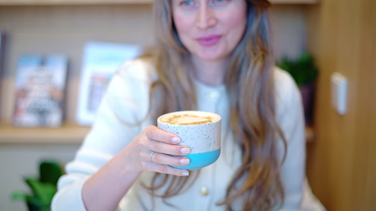 Woman drinking latte art coffee from ceramic cup in a cafe