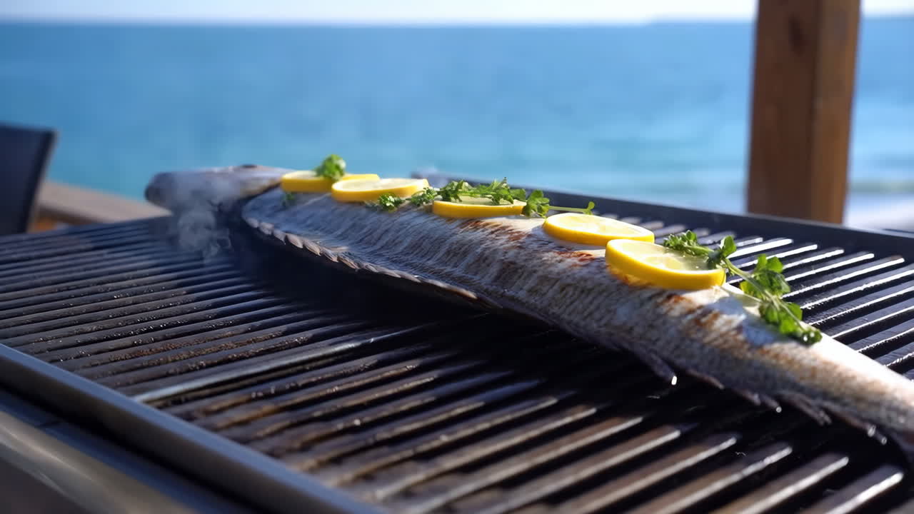 Hel fisk med citron og krydderurter grillet ved havet