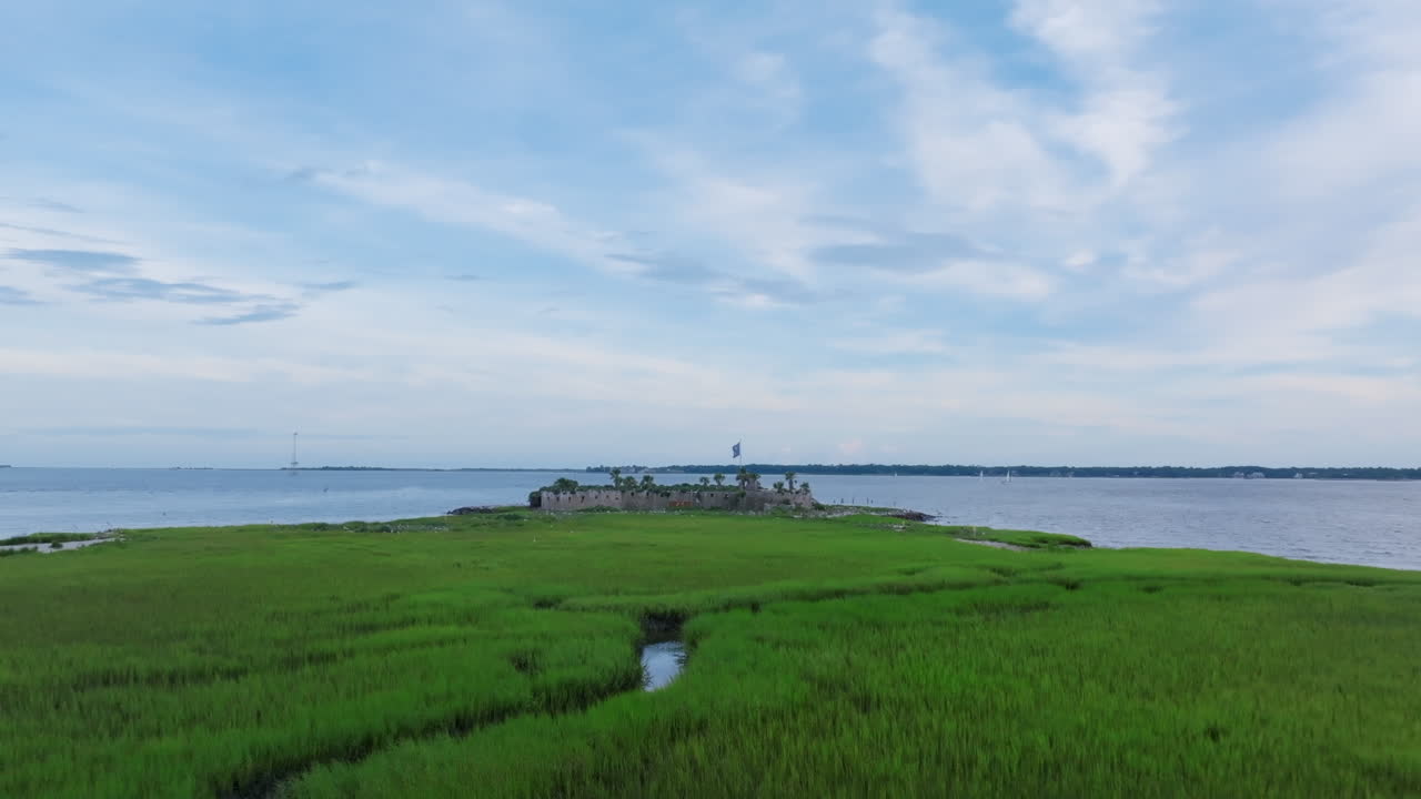 Historic Fort Ruins on a Grassy Island in Wetlands